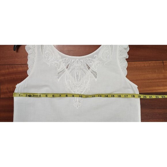 Sézane White Linen Embroidered Dress Size 40 Eyelet Ruffle Trim Mini Tunic Boho - Picture 12 of 12